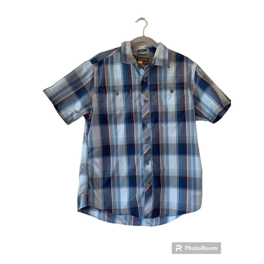 Eddie Bower Mens Button Up Shirt Blue Plaid Short Sleeve Pockets Large